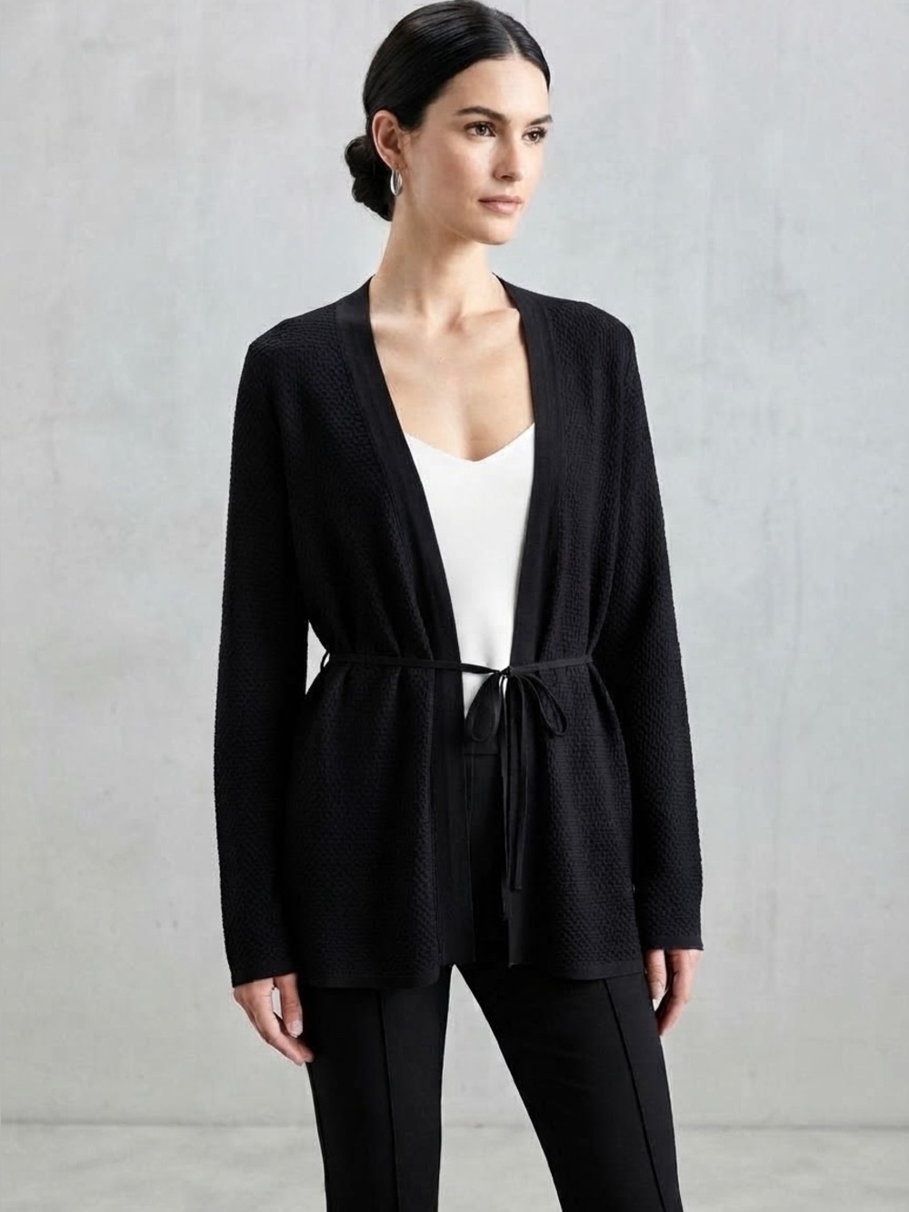 Giorgio Armani Black Basket Weave Open Cardigan with Tie Waist Sz 12